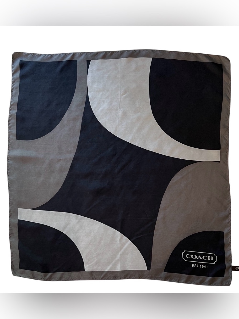 Vintage Coach Abstract Geometric Silk Scarf in Black and Grays  27” Sq  RN 26128